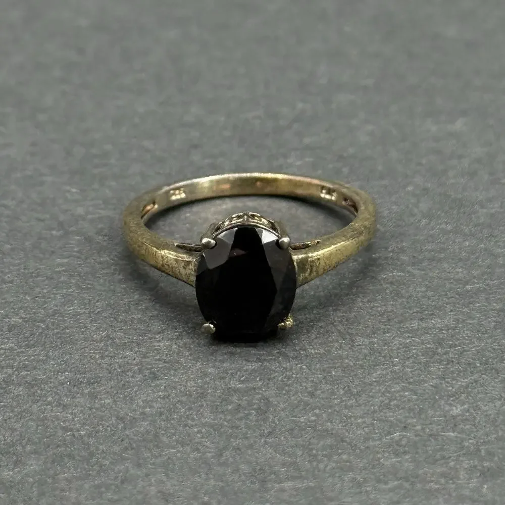 Vintage 925 Sterling Silver Oval Cut Black Onyx Solitaire Ring Size 8.5